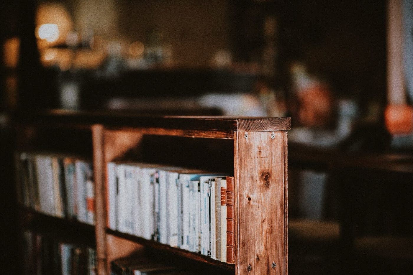 A wooden shelf of old books in a dim library