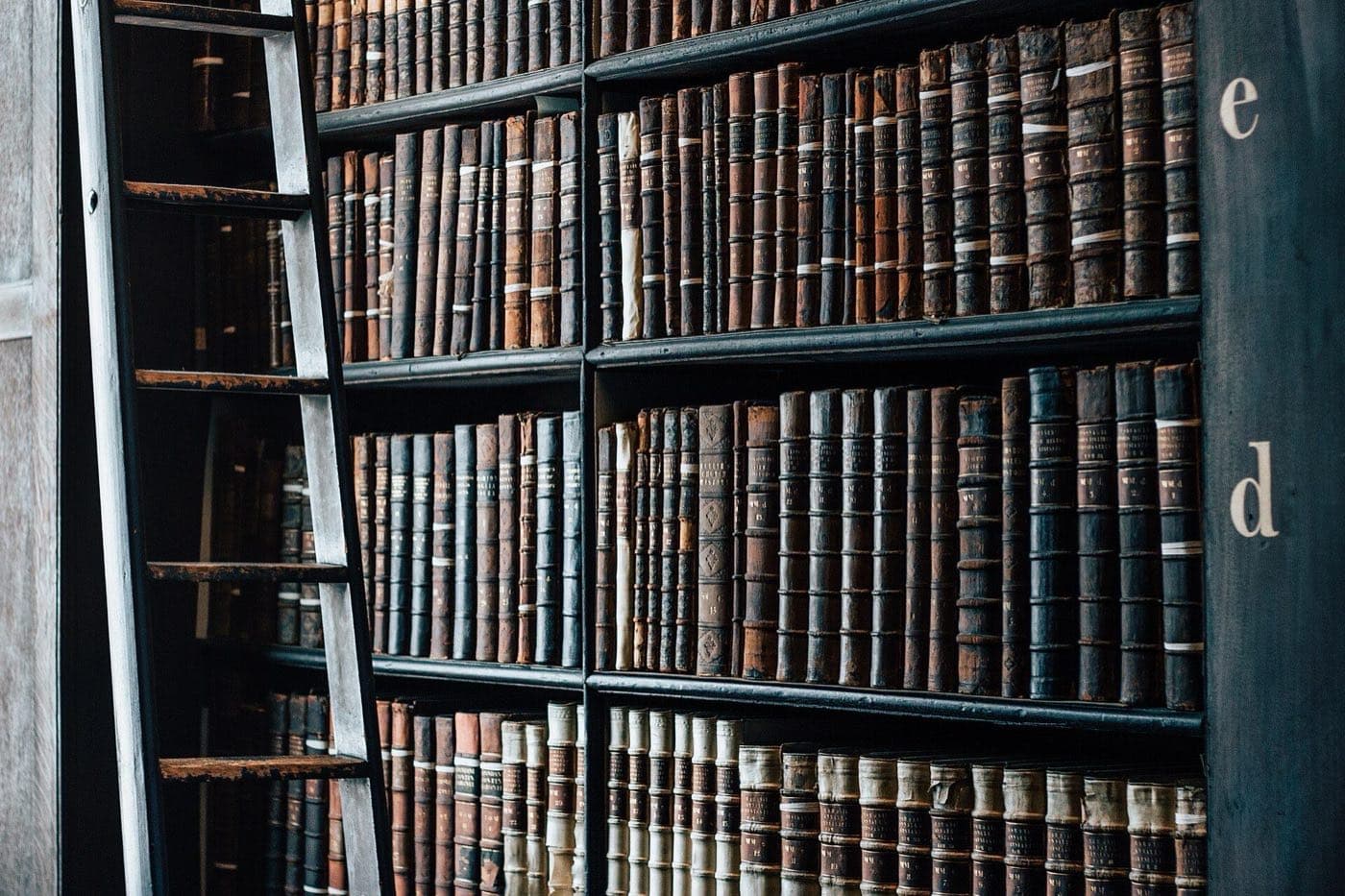 A ladder against shelves of antique books in the Long Room at Trinity College Dublin